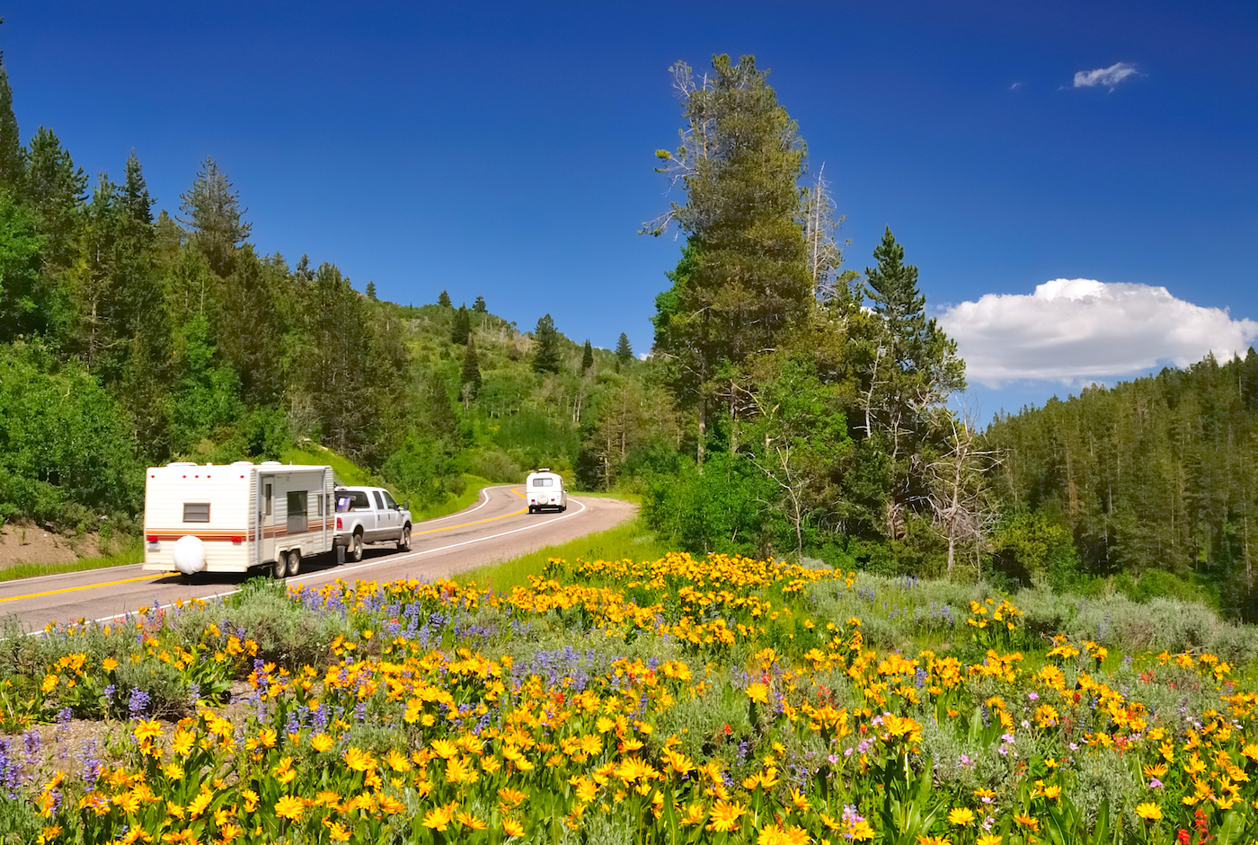 recreational vehicles on scenic mountain road