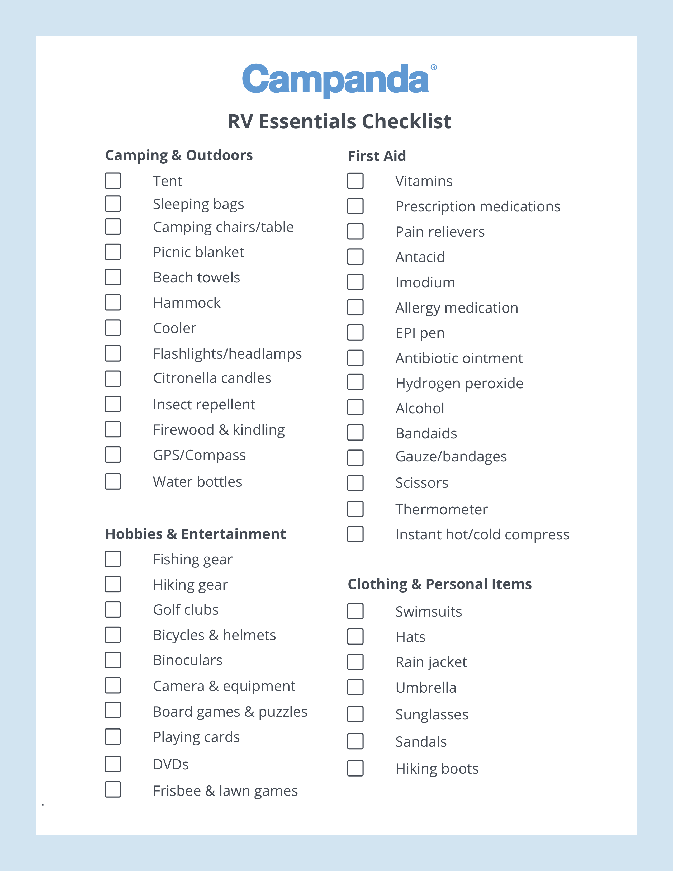 RV Checklists: 6 Printable Packing Lists