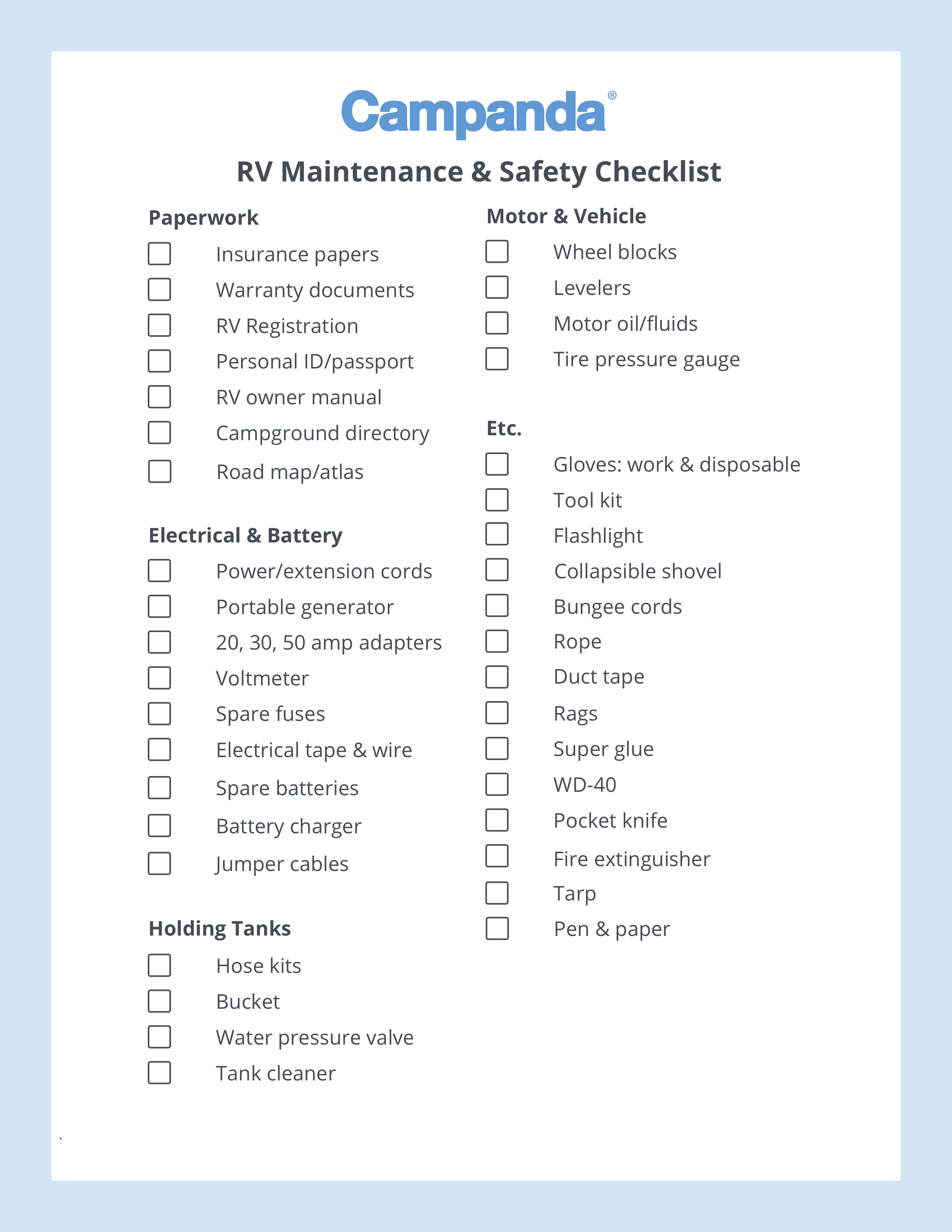 rv maintenance checklist safety list rv print